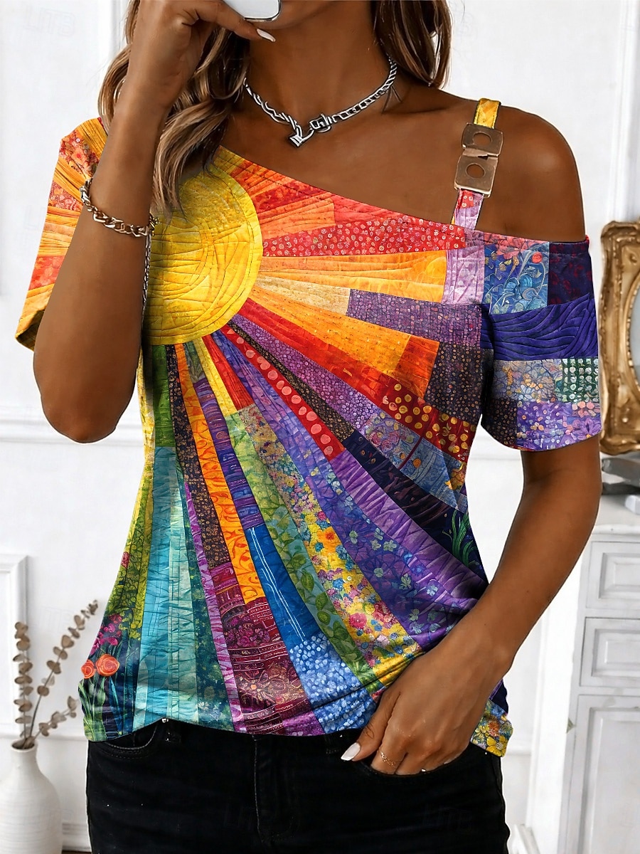 Women's T Shirt Tee Top Print Asymmetrical Graphic Geometric Abstract Vintage Fashion Stylish Short Sleeve One Shoulder Off Shoulder Regular Tops Daily Going out Weekend Orange Summer Spring 2026 - $21.99 –P1