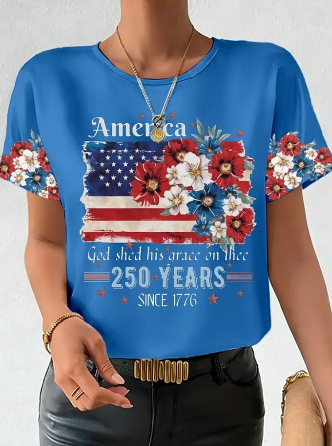 Giorno dell'Indipendenza Anniversary Americano Maglietta Patriottica da Donna Stampa Grafica Lettera Bandiera Americana Vintage Elegante Classica Manica Corta Collo Tondo Regolare Top Giornalieri Blu del 2026 a $22.99 –P4