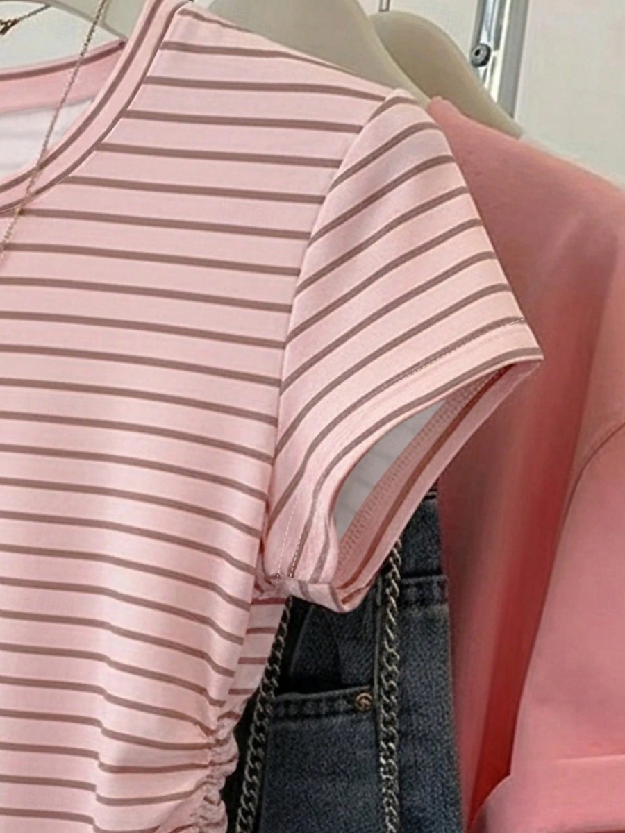 Damen T Shirt T-Shirt Druck Gestreift Mode Stilvoll Klassisch Kurzarm Rundhalsausschnitt Normale Oberteile Täglich Ausgehen Wochenende Blau Rosa Sommer Frühling 2026 - $19.99 –P6