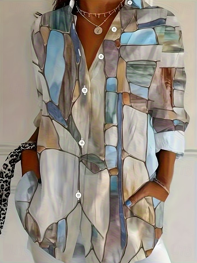 Damskie Koszula Bluzka Niejednolita całość Guziki Nadruk Graficzny Geometryczny Kratka Zabytkowe Tropikalny Codzienny Długi rękaw Kołnierzyk koszuli Zwykłe topy Codzienny Niebieski Czarny Biały Żółty 2026 - $32.99 –P3