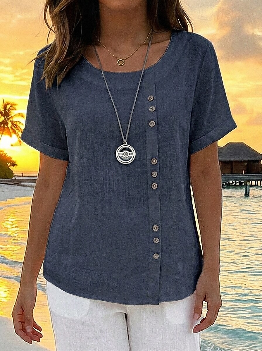 Women's Shirt Cotton Blend Blouse Buttons Plain Basic Modern Short Sleeve Crew Neck Regular Tops Daily Holiday Blue White Pink Orange Green Summer 2026 - $18.49 –P5