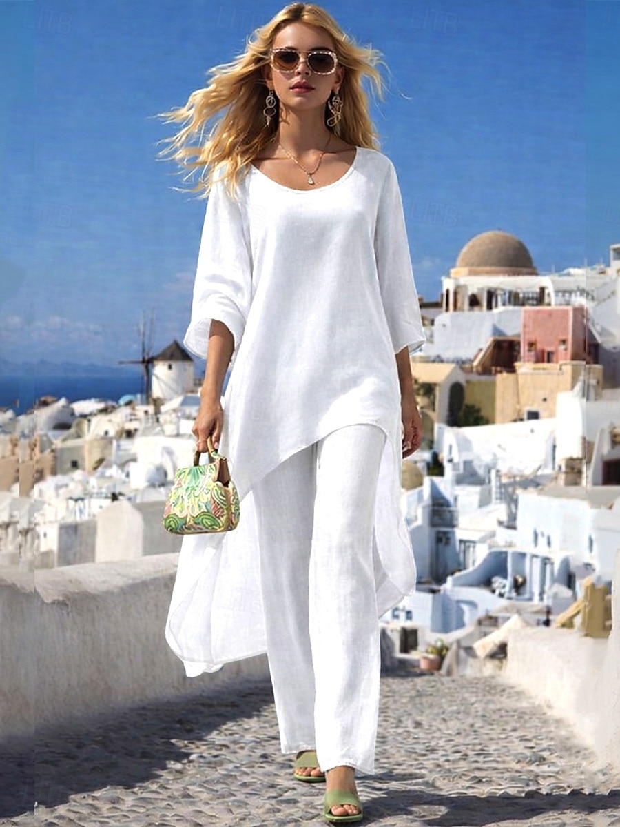 Per donna Camicie di cotone e lino Set di Pantaloni Bolero Manica Lunga Girocollo Tinta unica Moda Streetwear Casuale Quotidiano All'aperto Blu Nero Bianco Estate Vestibilità regolare del 2026 a $45.99 –P5