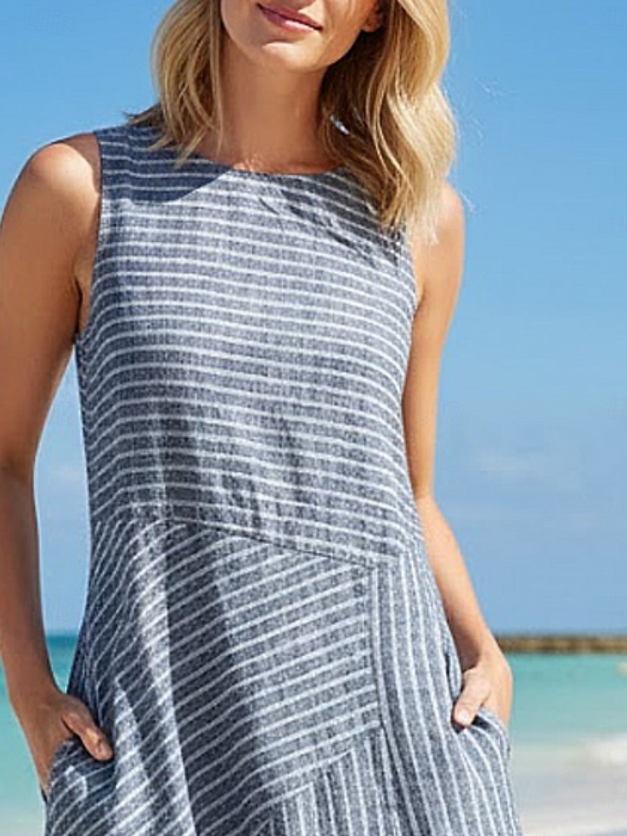 Damen Midikleid A Linie Kleid Urlaub Lässig Outdoor Ausgehen Lässiger Schnitt Gestreift Ärmellos Rundhalsausschnitt Blau Grün Grau Sommer Frühling 2026 - $21.99 –P4
