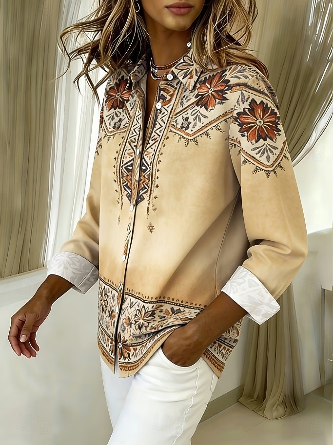 Damen Hemd Bluse Patchwork Knöpfe Druck Grafik Geometrisch Karomuster Vintage Tropisch Täglich Langarm V Ausschnitt Hemdkragen Lange Oberteile Täglich Strandbekleidung Urlaubskleidung Blau Schwarz 2026 - $32.99 –P5