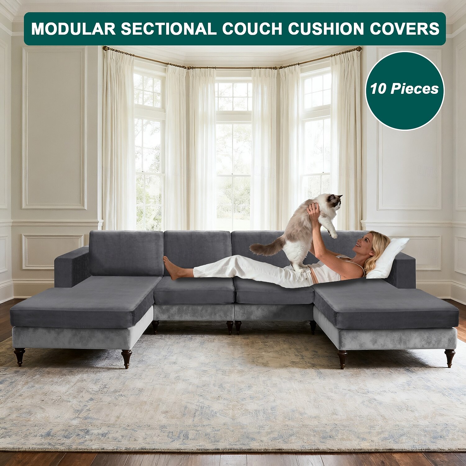 10 Pieces Sofa Cushion Covers for U-Shaped Modular Sectional Couch with 4 Seat 4 Back 2 Arms, Stretch Velvet Upholstered Covers for Sofa Bed with Deep Double Chaise 2026 - $132.99 –P3