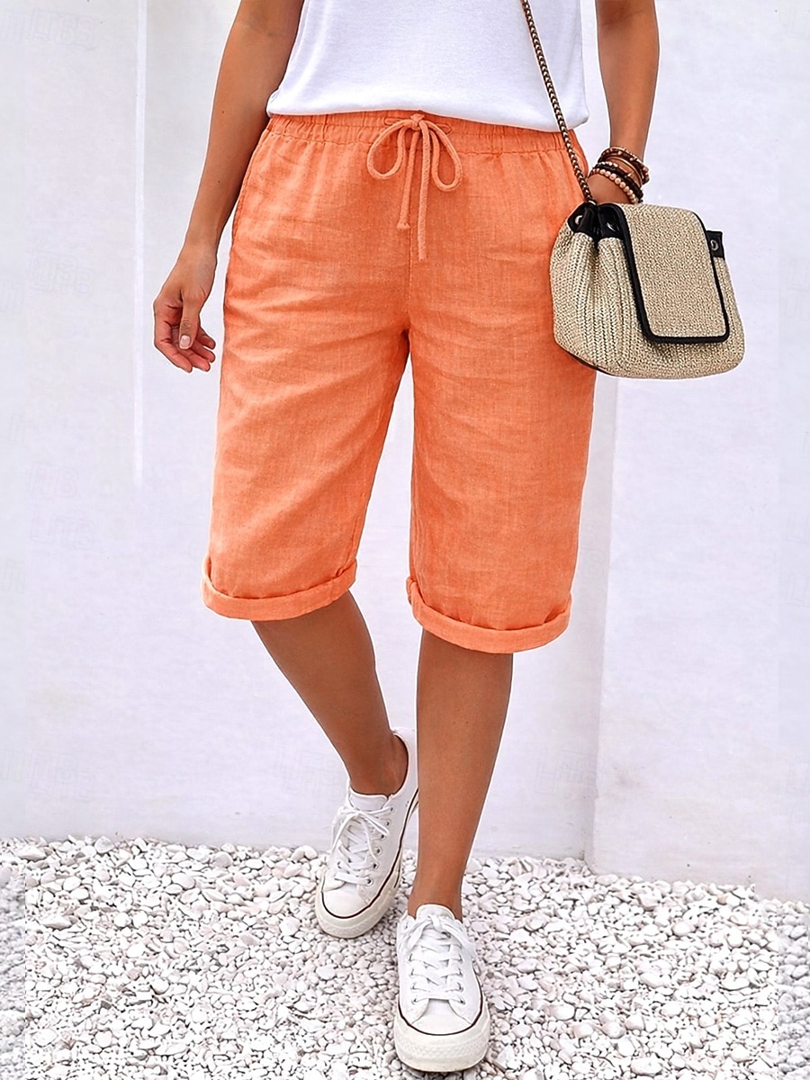 Dames Katoenen linnen shorts Capri broeken Vrijetijdsbroek Zomer korte broeken Vakantie Basic Knielengte Medium Taille Effen Comfortabel Inelastisch Donker Grijs Zwart Wit Oranje Zomer Lente 2026 - $21.99 –P5