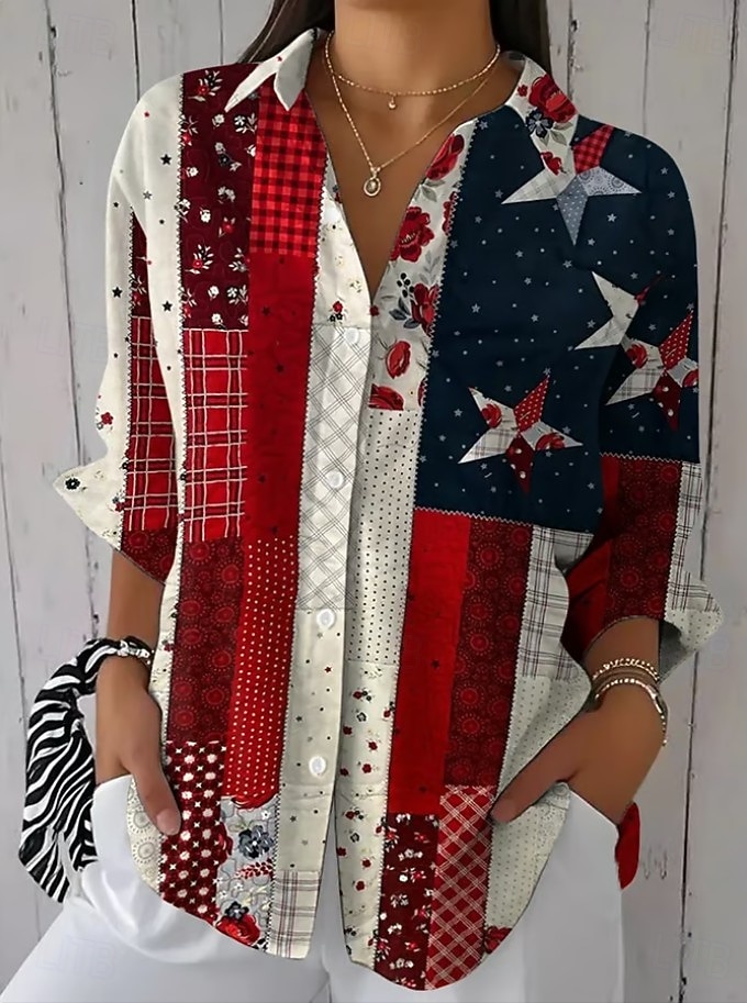 Ημέρα Αμερικανικής Ανεξαρτησίας Γυναικεία Πουκάμισο Σουρωτά Κουρελού Κουμπιά Γραφική Σημαία Βίντατζ Στυλάτο Μακρυμάνικο Ριχτά μανίκια Καμπάνα Κολάρο Πουκαμίσου Κανονικά μπλουζάκια 2026 - $39.99 –P2