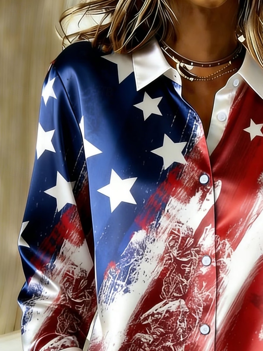 Amerikan itsenäisyyspäivä Naisten Paita Satiini paita Napita paita Rento paita Painettu Kuvitettu Lippu Vintage Klassinen Vapaa-aika Pitkähihainen Paitapuserokaula-aukko Tavalliset topit Päivittäin 2026 - $29.99 –P2