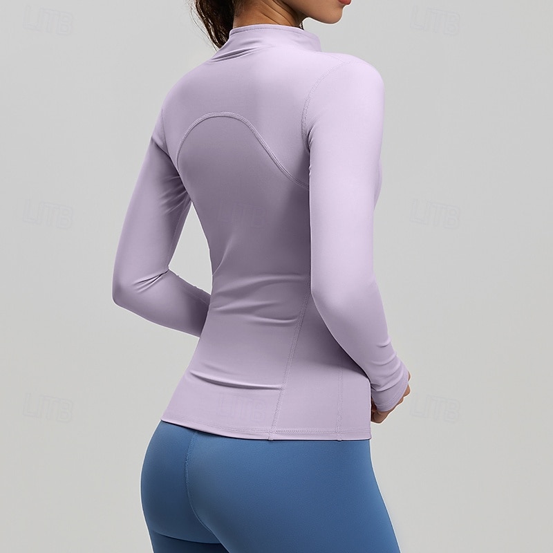 Dam Solid färg Joggingjacka Utomhusjacka Sportjacka Sommar Vår Höst Blixtlås i fullängd Smal Långärmad Snabb tork Lättvikt Elastisk Andningsfunktion Gym Löpning Träning Blå Rodnande Rosa Purpur 2026 - $23.99 –P6