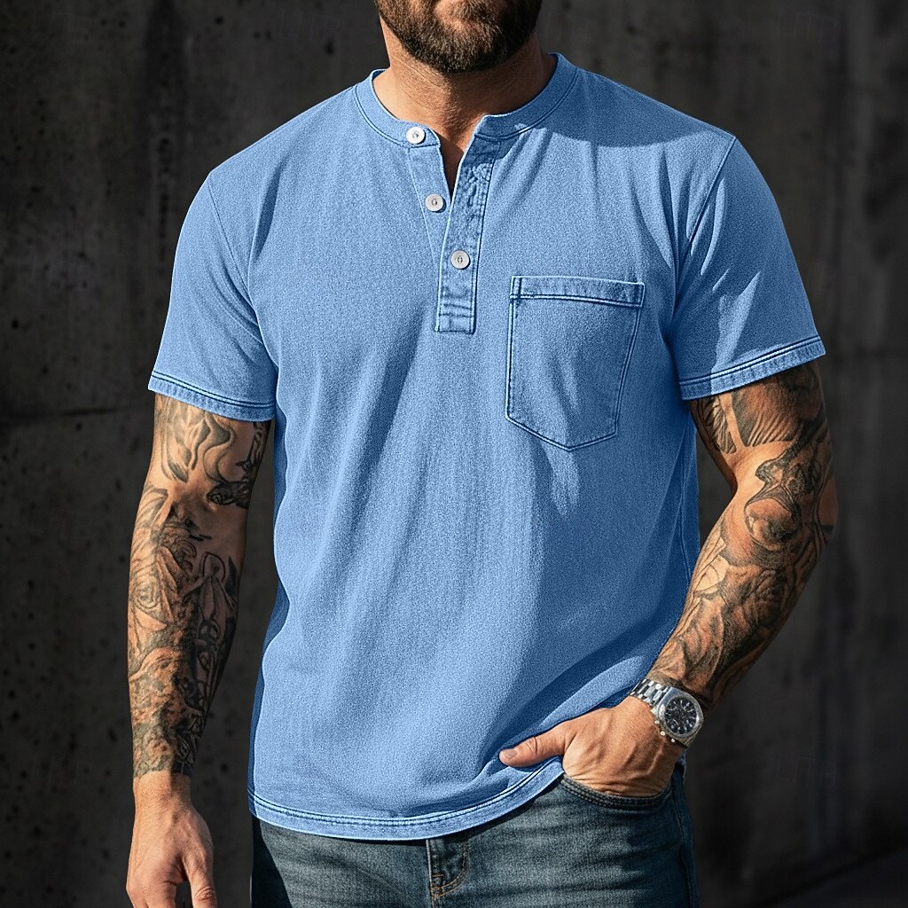 Pánské Tričko Henley Košile ze 100% bavlny Tričko Tričko Krátký rukáv Jednobarevné Retro Na běžné nošení Retro styl Barvení oděvů Vybledlý Henley Ležérní Léto Jaro Podzim Světlá růžová Šedá Tričko 2026 - $31.99 –P1