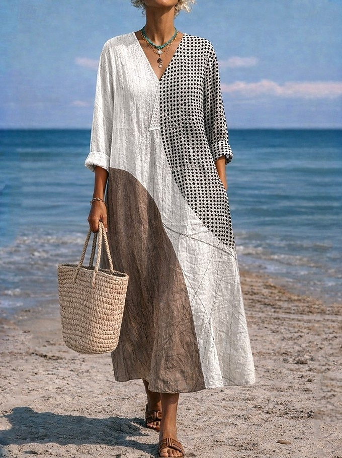 Women's Midi Dress V Neck Long Sleeve Kaftan Lightweight Loose Fit A Line Dress Casual Boho Going out Graphic Geometric Stripe Long Sleeve V Neck Orange red Black Yellow Pink 2026 - $37.99 –P5