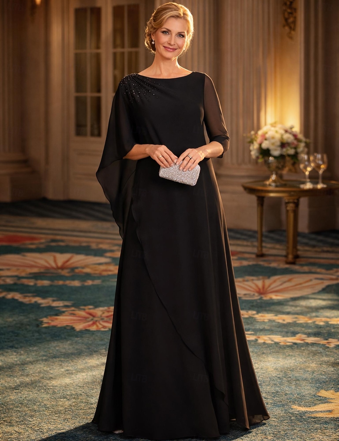 A-Line Floor Length Wedding Guest Dress Formal Dresses Evening Gown Mother  of the Bride Dress 3/4 Length Sleeve Crew Neck Elegant Wedding Guest Engagement  Party Chiffon with Beading 2026 - $149.99