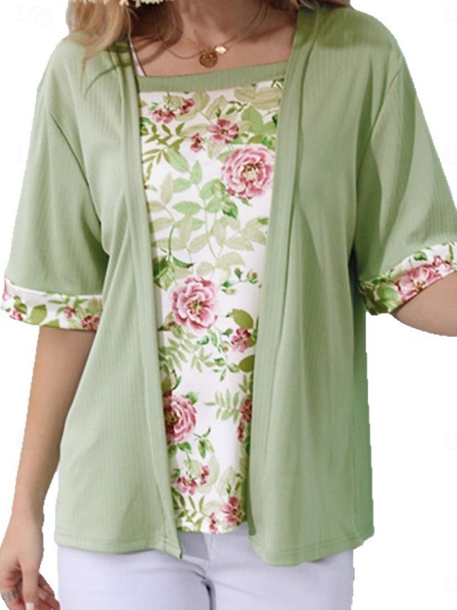 Damen Bluse Patchwork Blumen Elegant Urlaub Lässig Halbarm Quadrathals Normale Oberteile Täglich Himmelblau Purpur Grün Khaki Sommer Frühling 2026 - $24.99 –P5