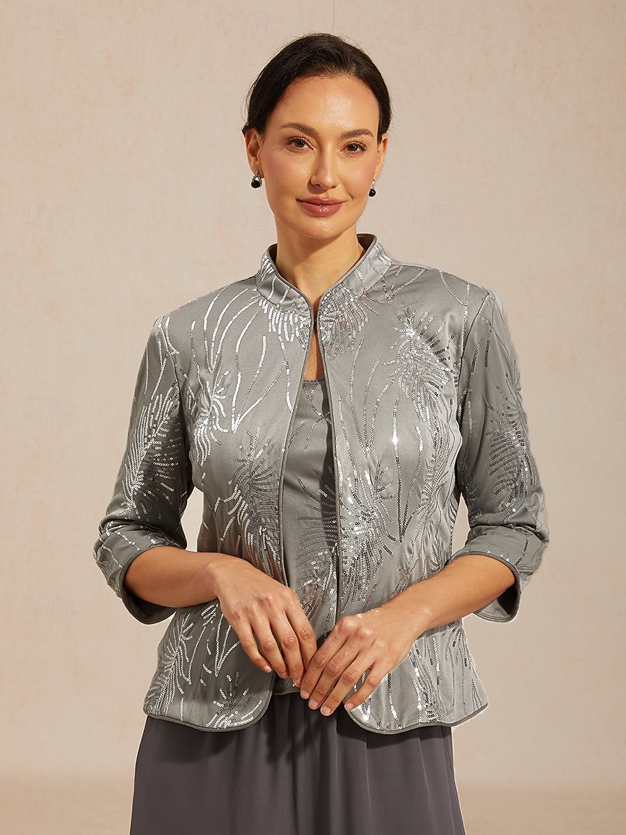 Femmes Chemisier Hauts Élégants Twin-set Paillettes Plume Élégant Manche 3/4 Col mandarin Hauts Réguliers Soirée Tenue formelle Gris Printemps Automne Hiver de 2026 ? $72.99 –P1
