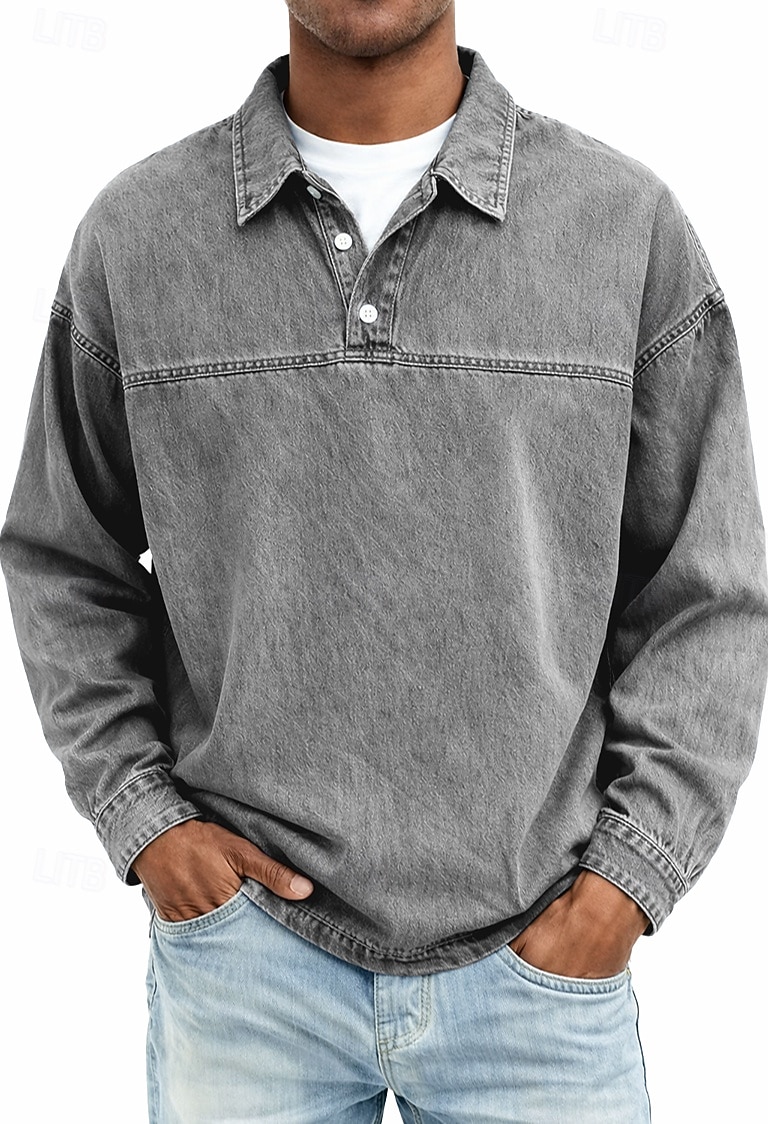 Herren Jeanshemd Baumwoll-Poloshirt Lässig Urlaub Klassisch Langarm Mode Basic Einfarbig Einfach Vintage-Stil Gewaschen Frühling Winter Frühling & Herbst Normale Passform Schwarz Hellgrün Rosa 2026 - $33.99 –P1