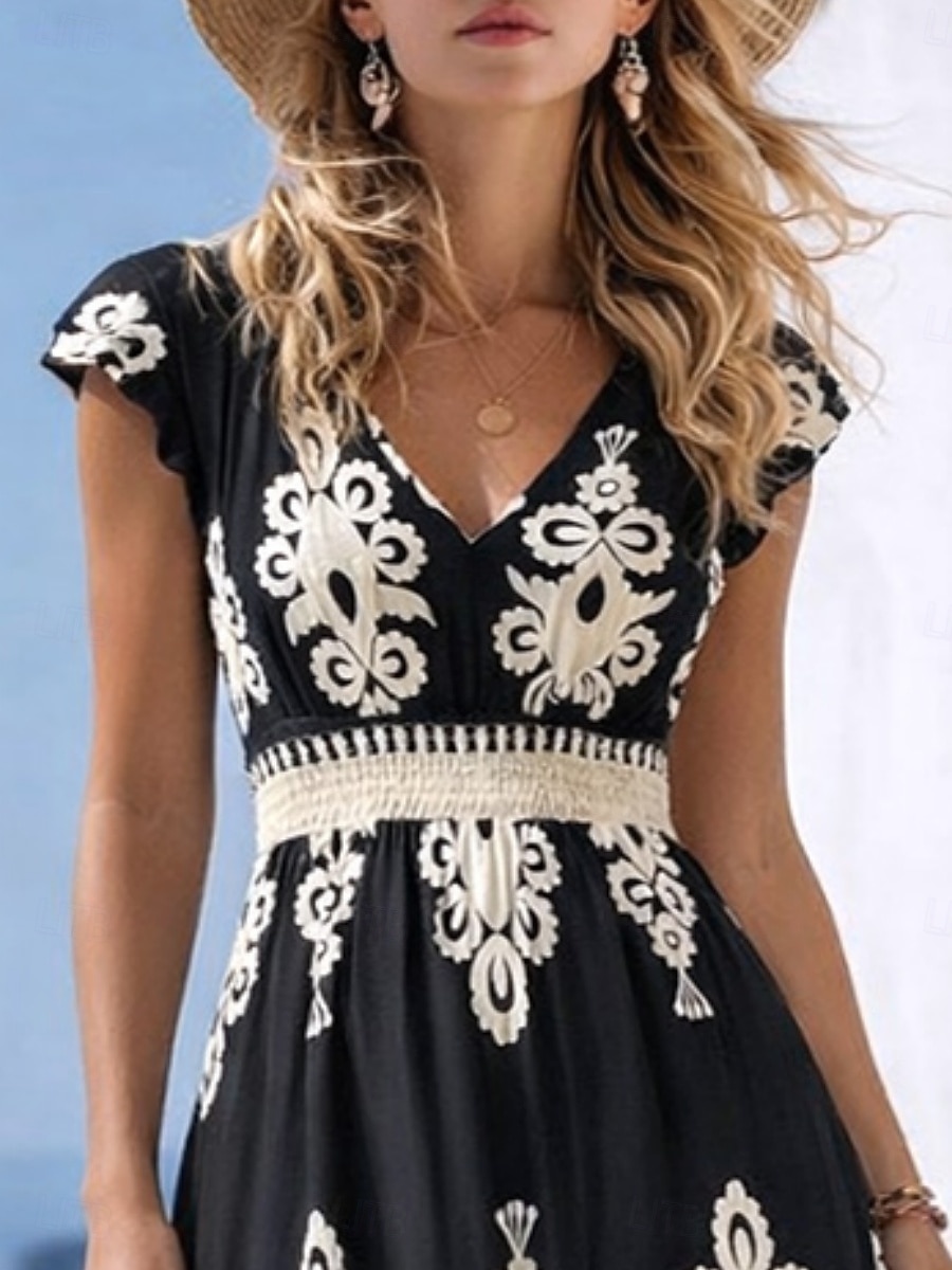 Mulheres Vestido Longo Vestido A Line Casual Ao ar livre Para Noite Normal Floral Manga Curta Decote V Preto Verão Primavera de 2026 por $34.99 –P3