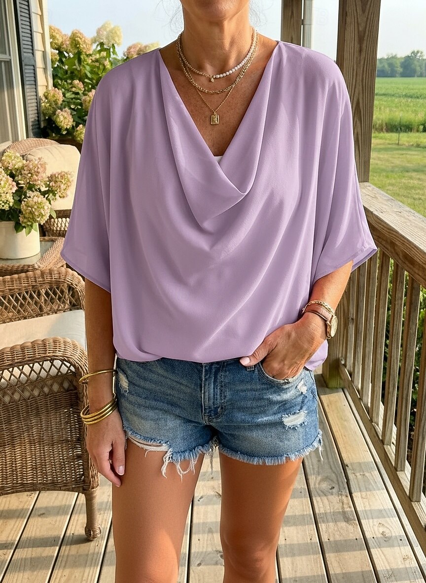 blusa feminina elegante elegante cor sólida franzido manga morcego comprimento 3/4 manga regular tops gola alta trabalho diário preto branco amarelo rosa céu azul verão primavera outono de 2026 por $21.99 –P3