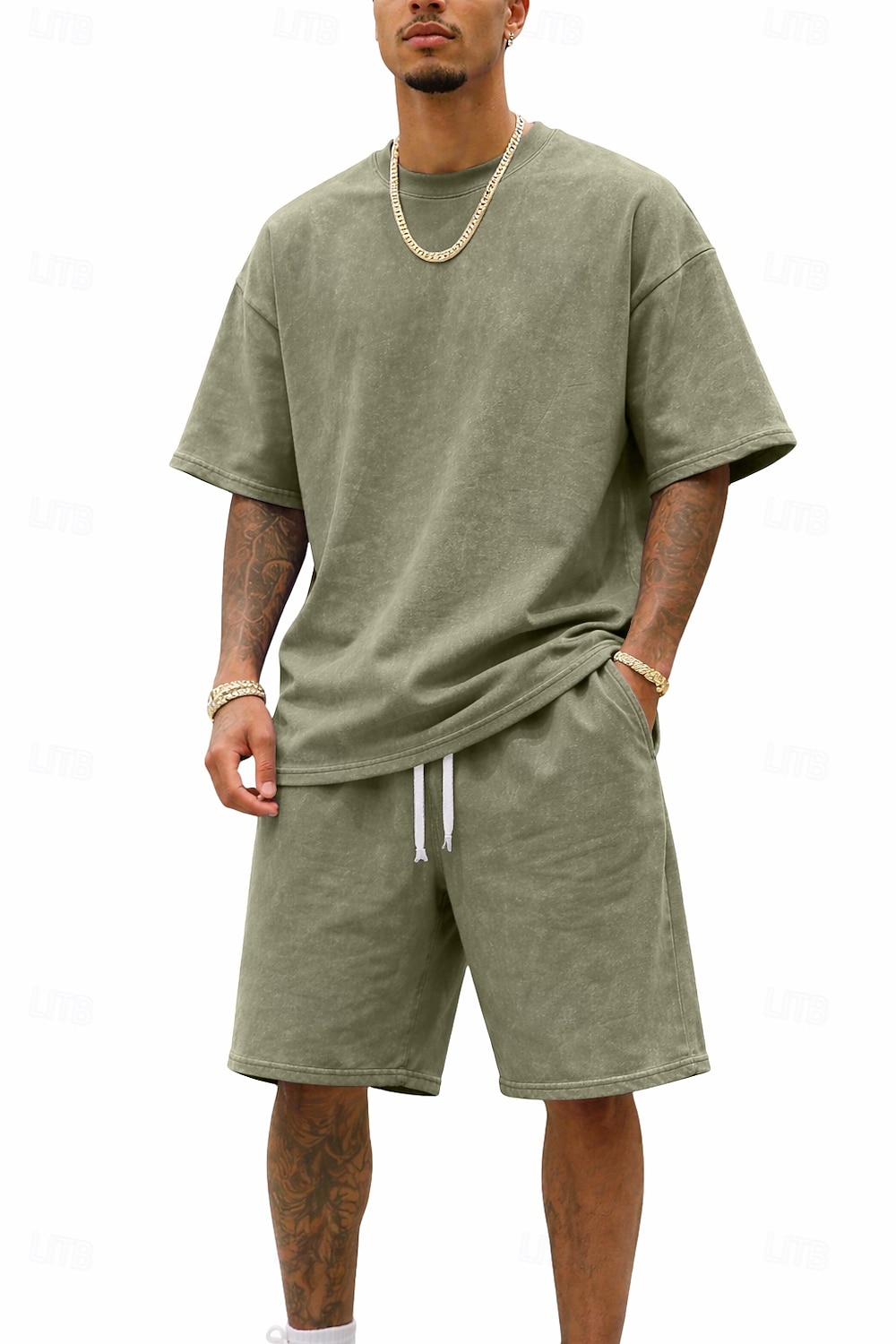 Men T-shirt Suits Tracksuit Shorts and T Shirt Set Short Sleeve Crew Neck Summer Color Block Gymnatics Casual 2 Piece Distressed Casual Vacation Daily Wear Army Green Black Gray Top Tee for Men 2026 - $35.99 –P9