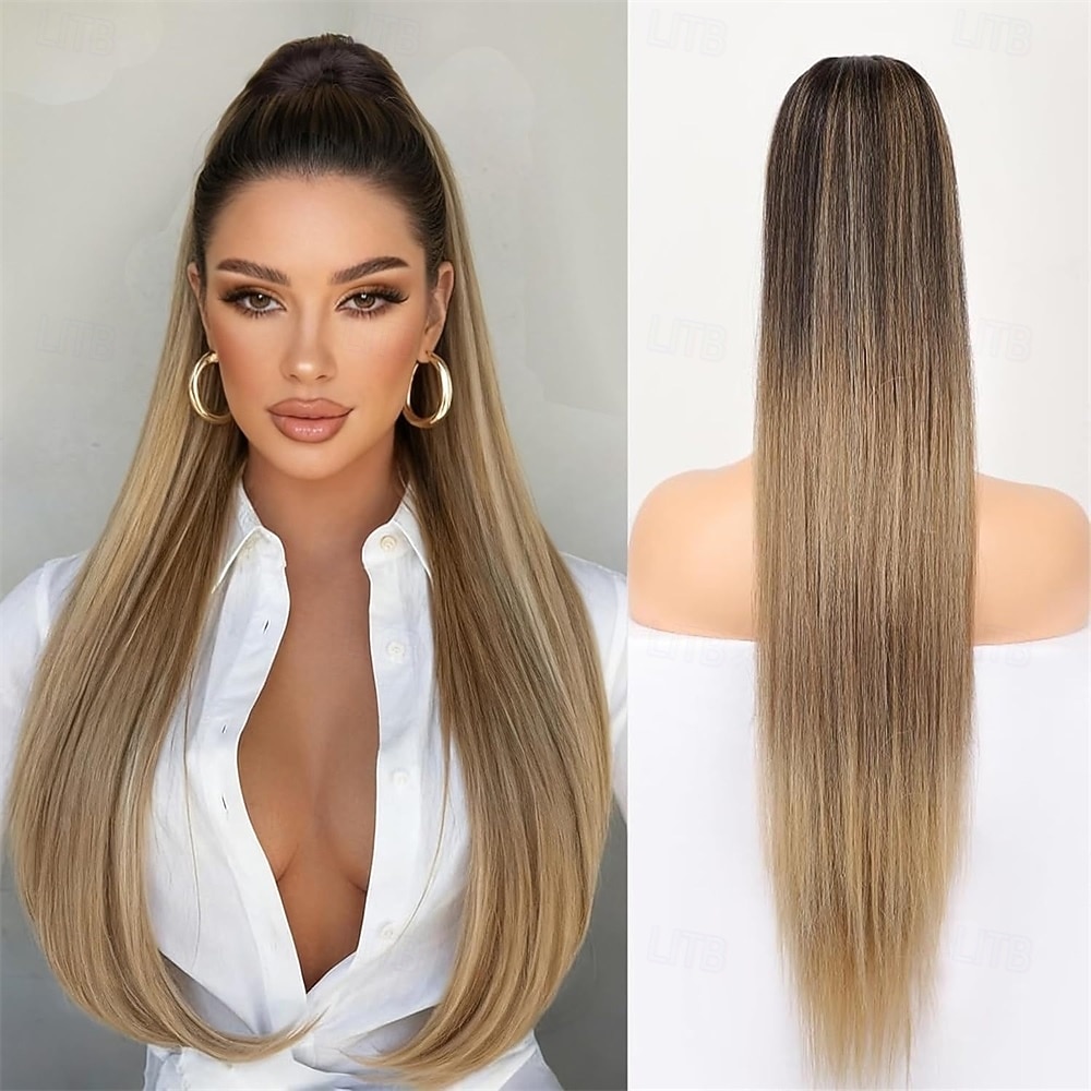 kiristysnyörillä poninhäntäpidennykset, pitkät suorat poninhännät, luonnollisen pehmeät klipsiponinhännät naisille, synteettiset hiuslisäkkeet, ombre, mustasekoitus, vaaleat 2026 - $22.99 –P1