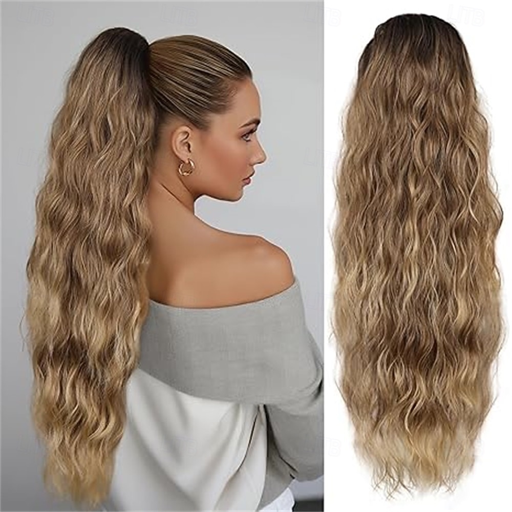Extensão de rabo de cavalo com cordão de 66 cm (26 polegadas), aplique de cabelo longo e ondulado para mulheres - aplique de cabelo sintético para uso diário (castanho chocolate com mechas loiras mel) de 2026 por $22.99 –P3