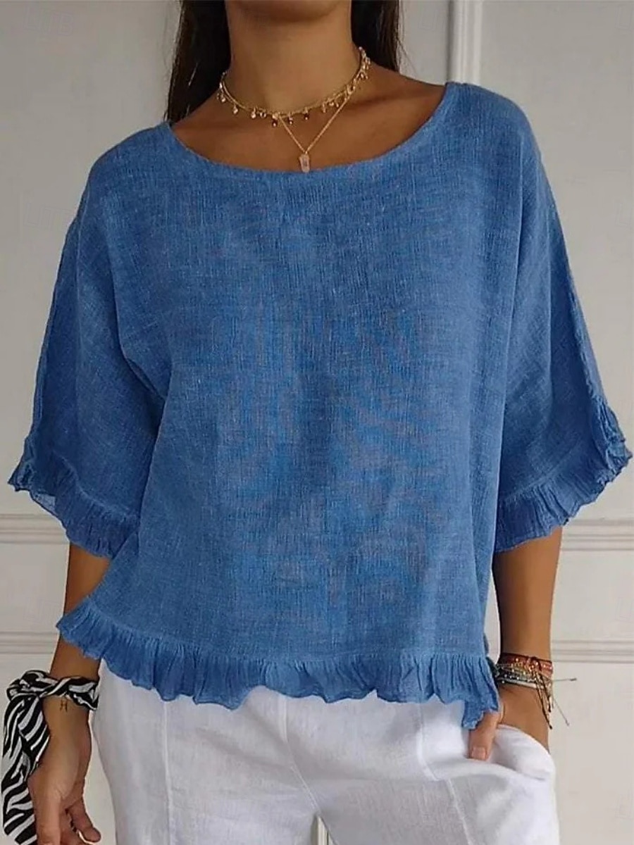 Women's Linen-feel Shirts Blouse Ruffle Solid Color Stylish Casual Half Sleeve Crew Neck Regular Tops Daily Blue Green Apricot Summer Spring Fall 2026 - $21.99 –P3