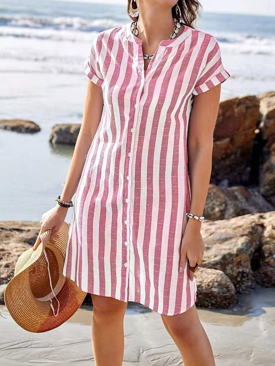 Per donna Mini Abito Abito a Tubino Vestito Estivo Abito Estivo Casual Quotidiano Vestibilità regolare A righe Manica Corta Scollo a V Blu Rosso Blu marino Grigio Estate del 2026 a $26.99 –P6