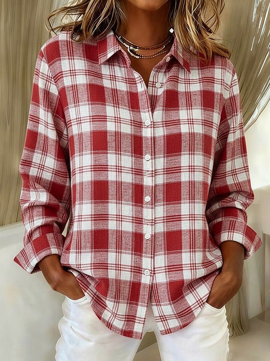 Dames Overhemd Imitatie katoenlinnen Knop Afdrukken Ruitjes Bohemen Actief Casual Lange mouw Overhemdkraag Normale tops Dagelijks Feestdagen Rood Paars Groen Lente Herfst 2026 - $35.99 –P1