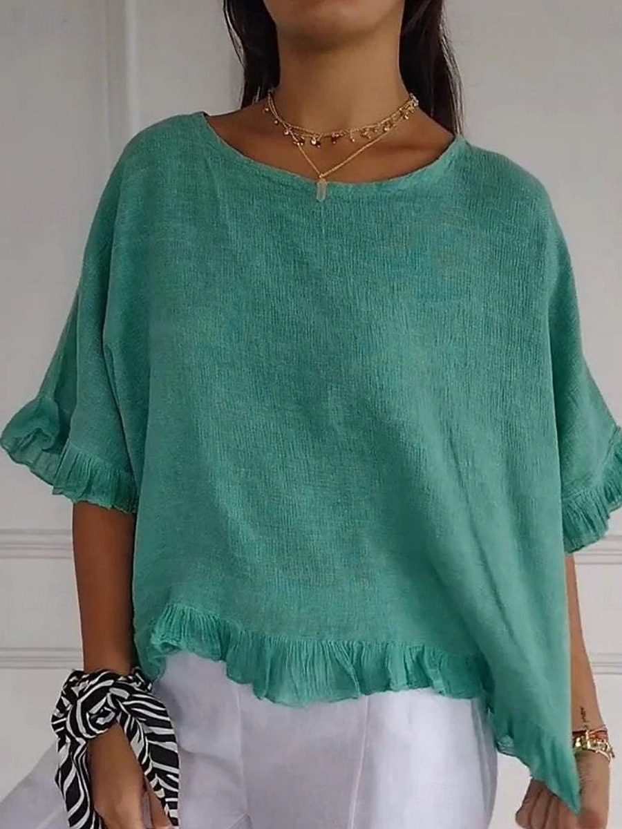 Women's Linen-feel Shirts Blouse Ruffle Solid Color Stylish Casual Half Sleeve Crew Neck Regular Tops Daily Blue Green Apricot Summer Spring Fall 2026 - $21.99 –P1