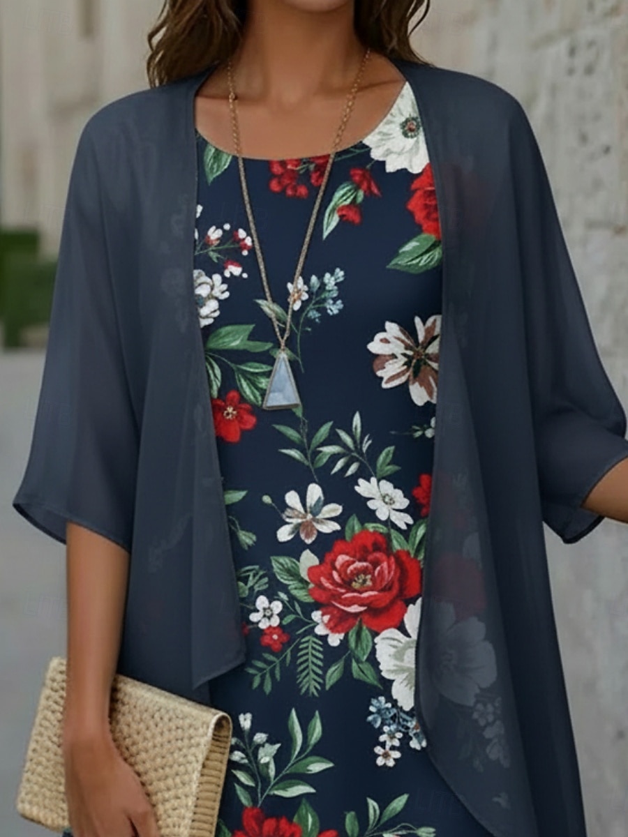Mulheres Vestido midi Vestido casual Conjunto de vestido Elegante Moda Moderno Ao ar livre Férias Para Noite Normal Floral Manga 3/4 Gola Redonda Azul Marinha Verão Primavera Outono de 2026 por $41.99 –P2