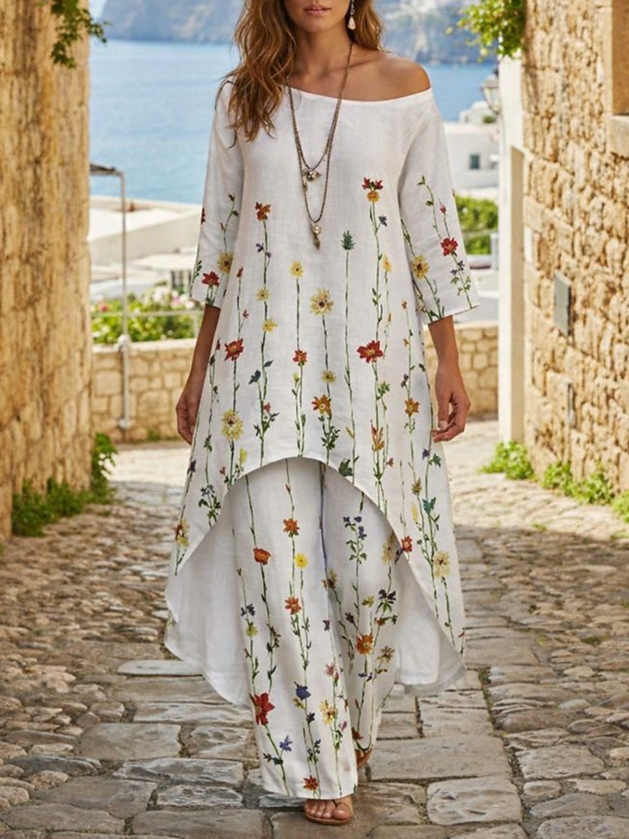 Dame Todelt sett Buksesett Bolero topp Langermet Crew-hals Blomstret Grafisk Bohem Mote Gatemote Avslappet Daglig utendørs Hvit Rosa Marineblå Vår Løstsittende 2026 - $45.99 –P6