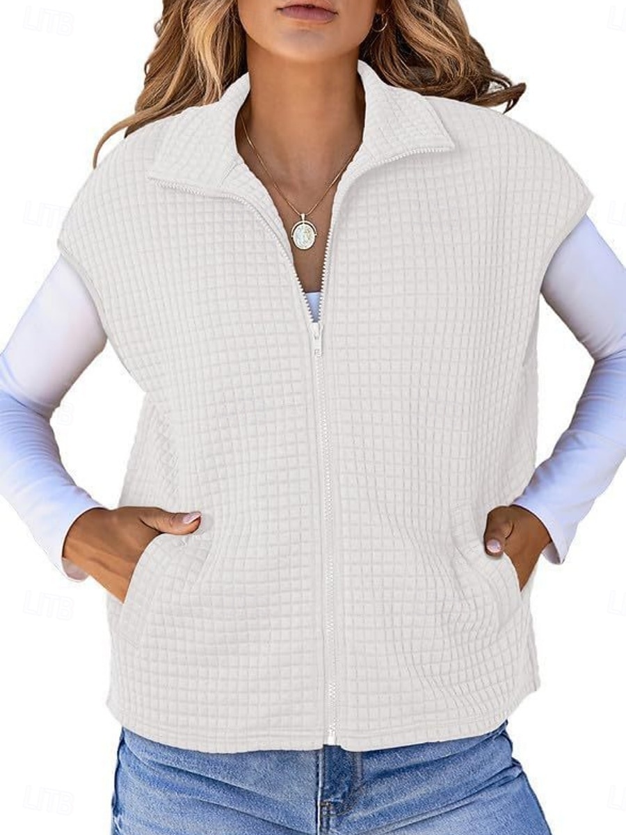 Women's Casual Jacket Comfortable Breathable Zipper Pocket Buttons Casual Plain Casual Vacation Street Daily Wear Zipper Regular Turndown Regular Fit Short Sleeves Outerwear Black White Brown Spring 2026 - QAR 109.79 –P11