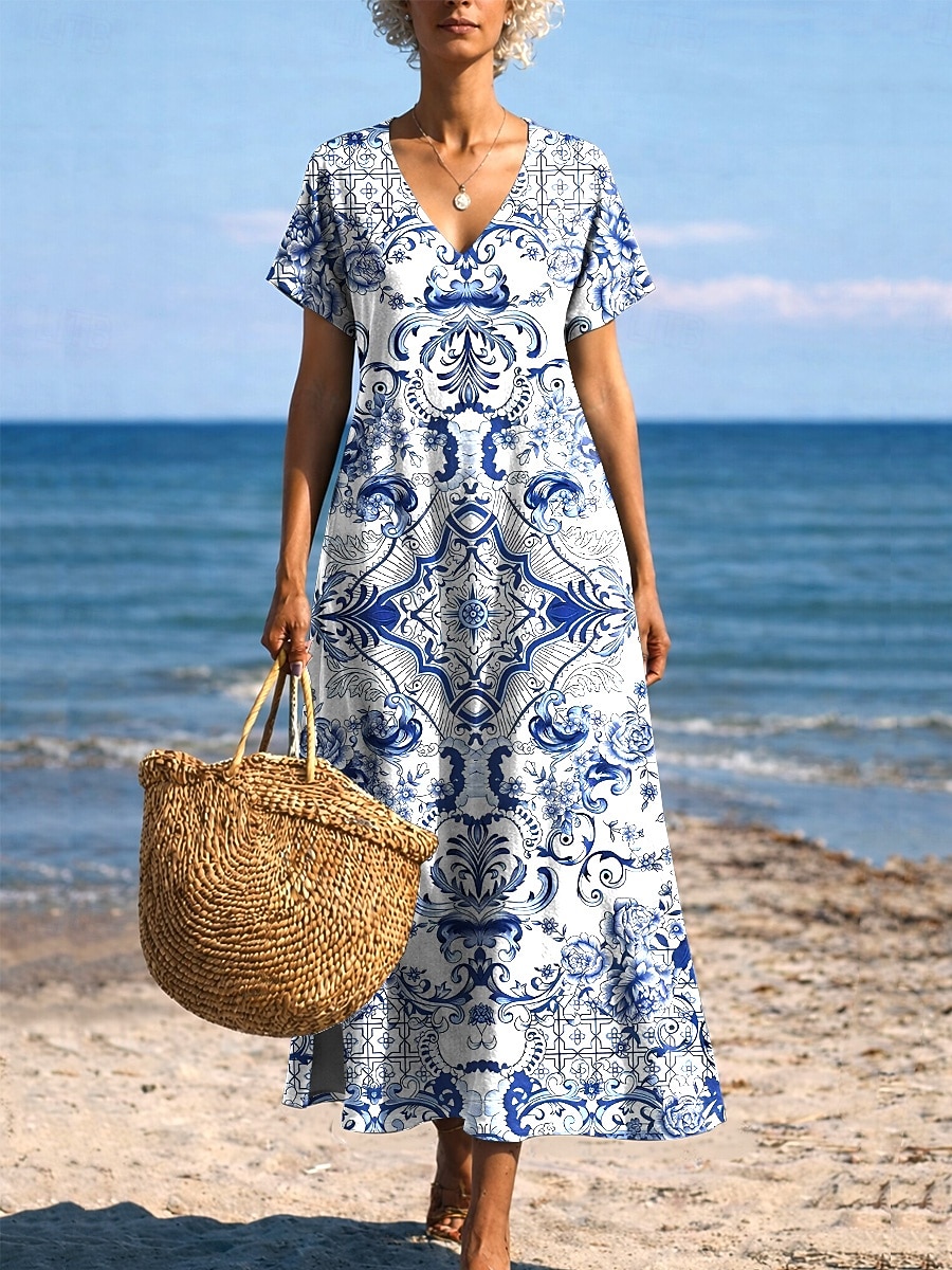 Femmes Robe Midi Robe d'Été Robe trapèze Vacances Occasionnel Boho Papillon Plage Coupe régulière Graphique Tribal Manche Courte Col Rond Bleu Bleu Ciel Or noir Noir Été Printemps de 2026 ? $27.99 –P5