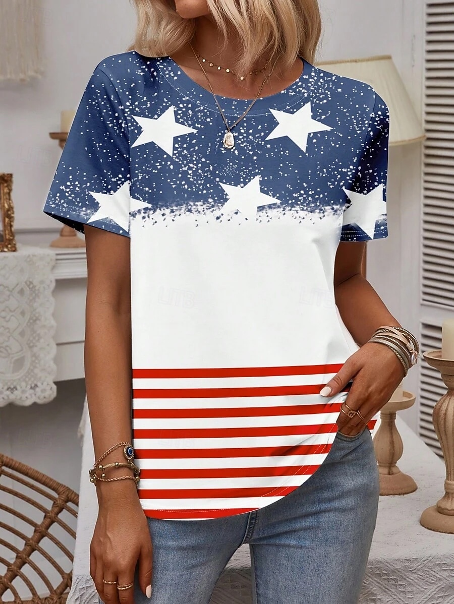 يوم الاستقلال الأمريكي نسائي تي شيرت مكعبات الألوان طباعة الرسم علم أنيق كلاسيكي كاجوال كم قصير رقبة عالية مدورة رقبة دائرية قمصان عادية مناسب للبس اليومي أزرق الصيف الربيع 2026 - $22.99 –P5