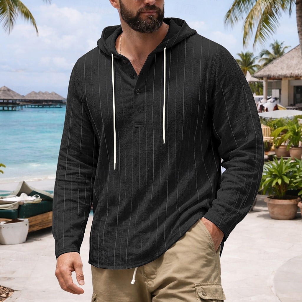 Per uomo Camicia Camicia di lino Camicia Estiva Abbigliamento da spiaggia Camicia con cappuccio Camicie a righe Tinta unica Casuale Vacanza Nero Bianco Blu marino Cachi Manica Lunga Felpa con del 2026 a $25.99 –P6