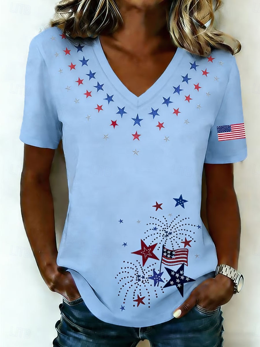 Amerikanska självständighetsdagen Dam T-shirt Mönster Grafisk Flagga Vintage Stylish Klassisk Kortärmad V-hals Långa toppar Dagligen Blå Svart Vit Sommar Vår 2026 - $21.99 –P2