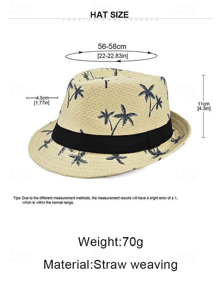 Men's Straw Fedora Hat with Palm Tree Print, Lightweight Breathable Woven Summer Trilby in Multiple Colors, Casual Resort Style for Spring Beach Vacation & Everyday Wear 2026 - $19.99 –P14