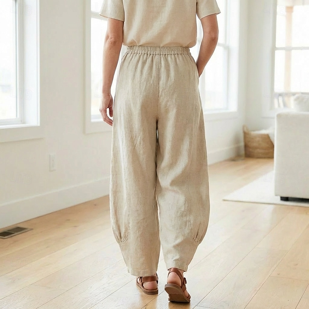 Damen-Leinenhose aus 70 % Leinen, weites Bein, Chino-Stil, Sommerhose, Urlaubshose, Streetwear, Basic, lange Länge, mittlere Bundhöhe, schlicht, Tasche, elastischer Bund, bequem, komfortabel, nicht elastisch, für Alltag, Outdoor, Straße, Bordeauxrot, Azur 2026 - $49.99 –P12