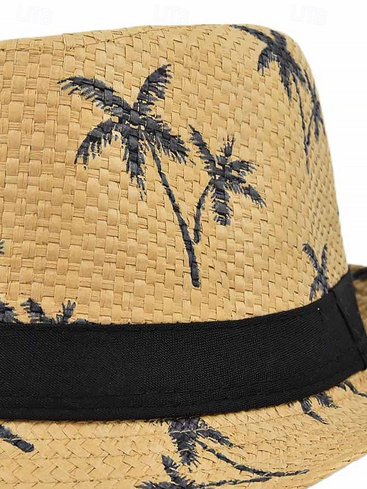 Sombrero fedora de paja para hombre con estampado de palmeras, ligero y transpirable, tejido para verano, disponible en varios colores, estilo informal de resort para vacaciones en la playa en primavera y uso diario. 2026 - $19.99 –P12
