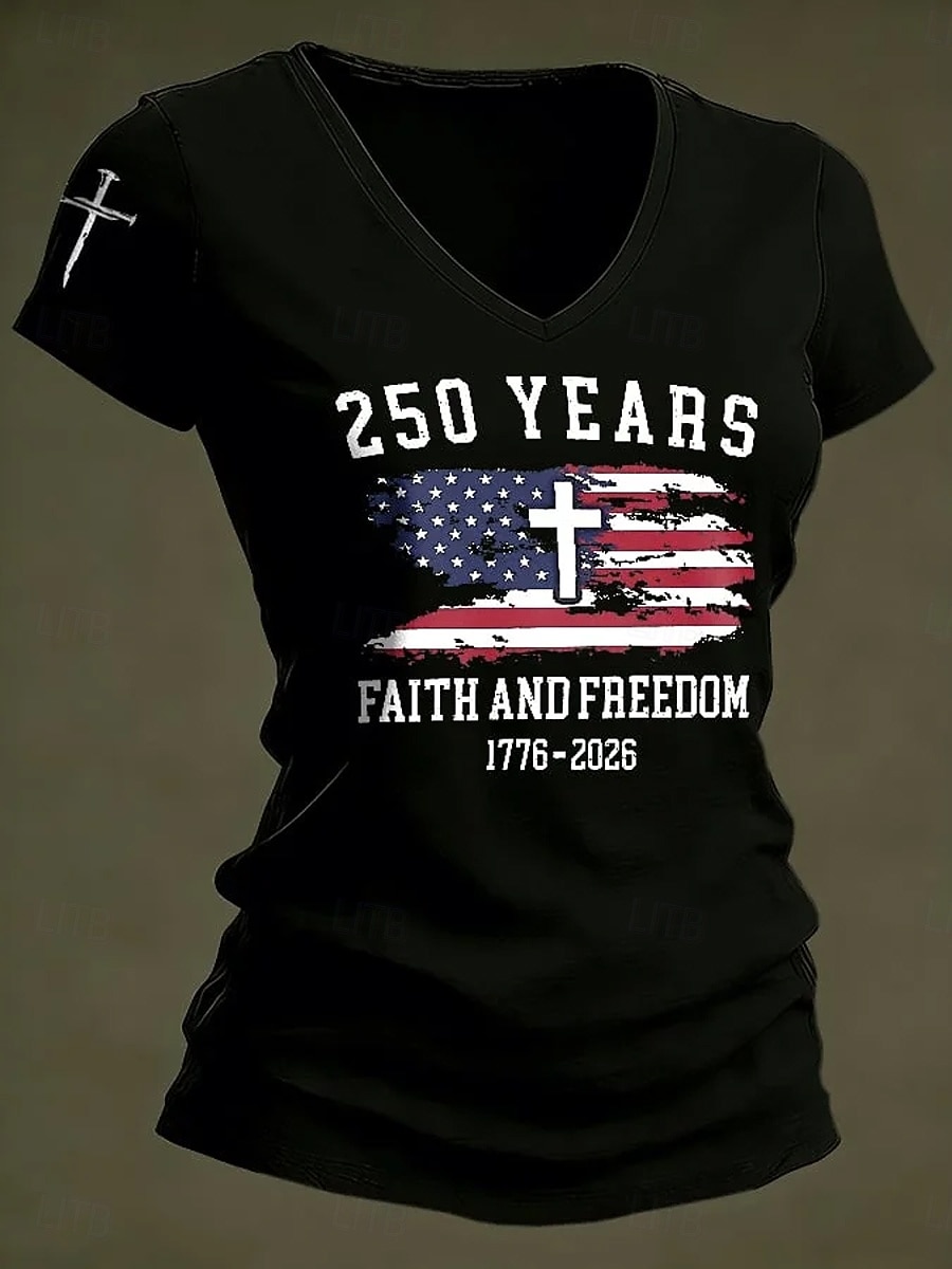 Maglietta Patriottica per Donne per il 250° Anniversario dell'Indipendenza Americana Stampa Grafica Bandiera Elegante Classica Casual Manica Corta Collo a V Top Regolari Quotidiani Nero Bianco Rosso del 2026 a $21.99 –P1