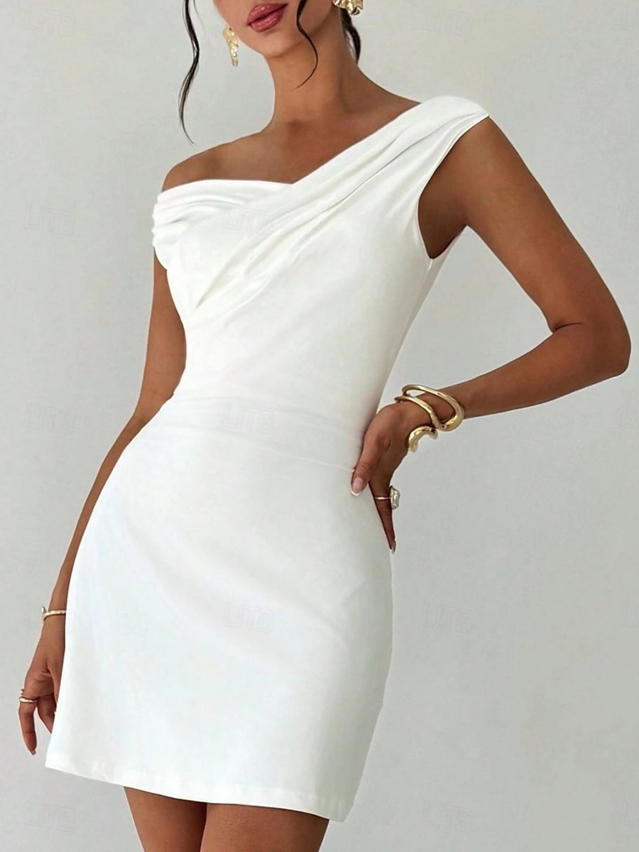 Per donna Mini Abito Tubino Elegante Festa cocktail All'aperto Feste Ospite di nozze Arricciato Vestibilità regolare Tinta unica Senza Maniche Senza Spalle Bianco del 2026 a $33.99 –P1