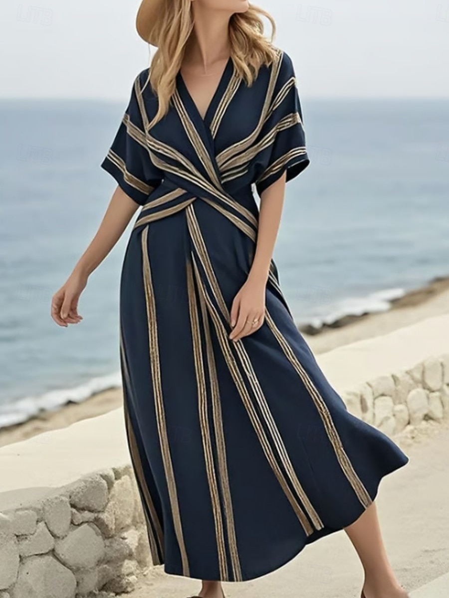 Mujer Vestido Midi Vestido de una línea Vacaciones Casual Exterior Noche Ajuste regular Raya Manga Corta Escote en Pico Azul marinero Amarillo Azul cielo Beige Verano Primavera 2026 - $41.99 –P2