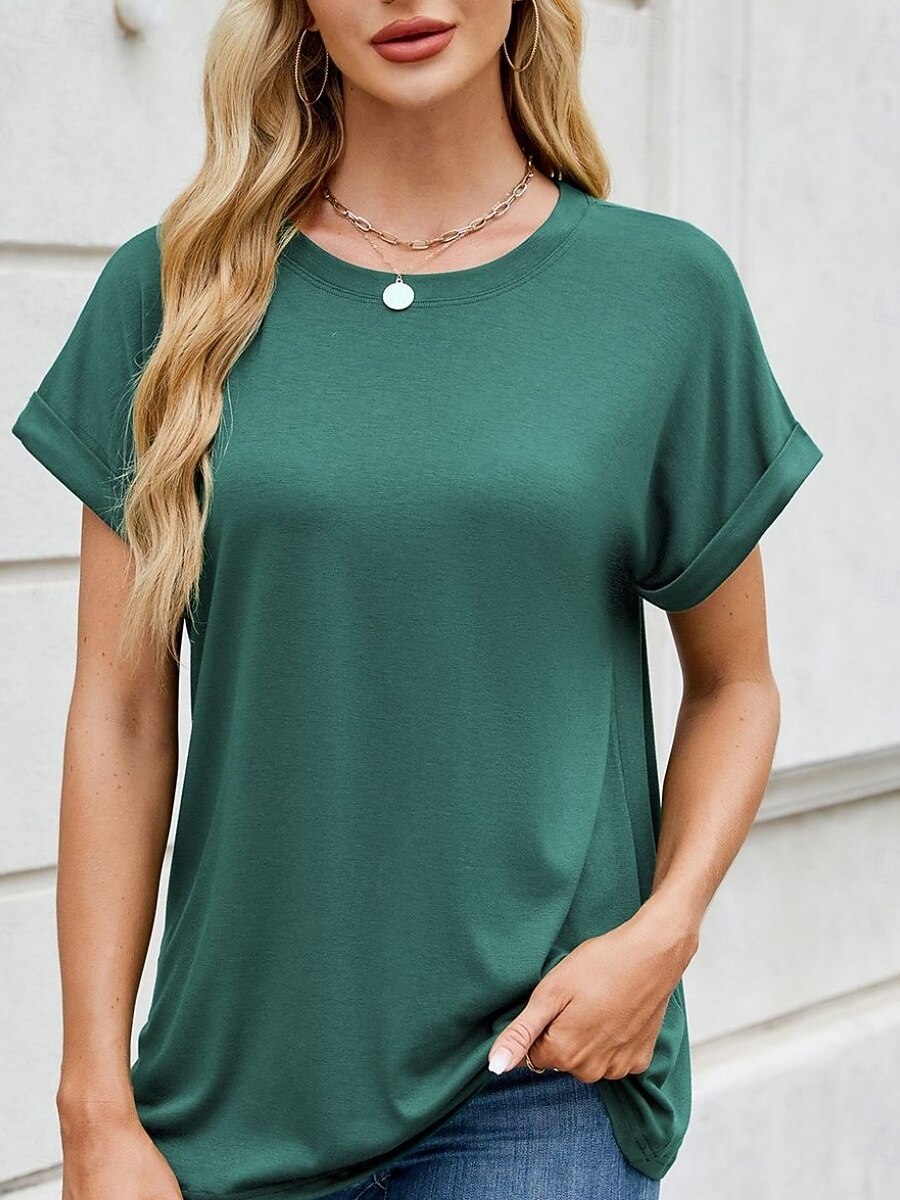 Damskie Podkoszulek Koszulka Jednokolorowe Moda Elegancki Podstawowy Krótki rękaw Półgolf Zwykłe topy Codzienny Wyjściowe Weekend Czarny Rumiany róż Wino Fioletowy Zielony Lato Wiosna 2026 - $19.99 –P3