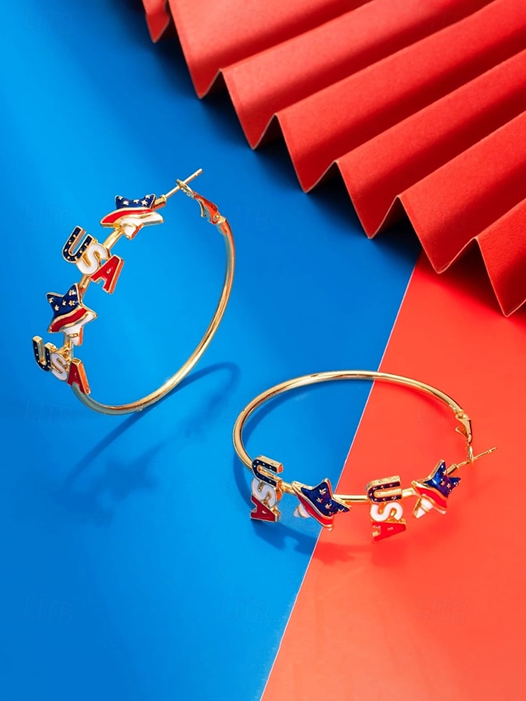 עגילי חישוק לנשים מסגסוגת בנושא ארה"ב, כוכבים אדומים, לבנים וכחולים, מושלמים לציון 250 שנה לארה"ב, יום העצמאות וללבוש יומיומי קז'ואל 2026 - $11.99 –P4