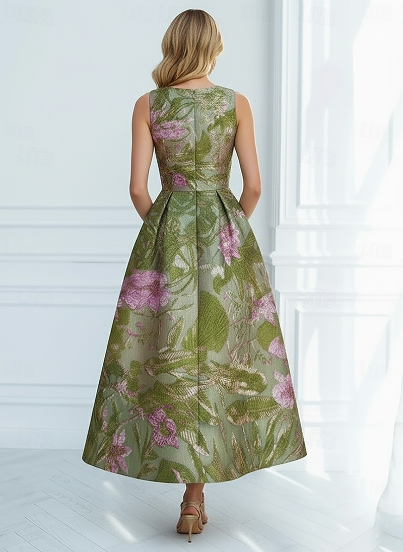 A-Linie Tee-Länge Abendkleid Cocktailkleider Elegant Ärmellos U-Boot-Ausschnitt Hochzeit Formell Jacquard mit Falten 2026 - $171.99 –P2