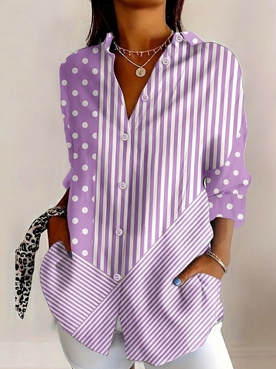Dames Overhemd Blouse Lapwerk Knop Afdrukken Grafisch Geometrisch Ruitjes Vintage Tropisch Dagelijks Lange mouw Overhemdkraag Lange tops Dagelijks blauw Blozend Roze Licht Paars Zomer Lente 2026 - $32.99 –P3