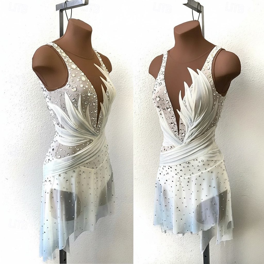 فستان التزلج الراقص نسائي تزلج على الجليد الفساتين أبيض بقع فتح الظهر قابل للبسط التدريب منافسة ملابس التزلج كلاسيكي الكريستال / حجر الراين بدون كم التزحلق على الجليد الرقص على الجليد 2026 - $301.79 –P2