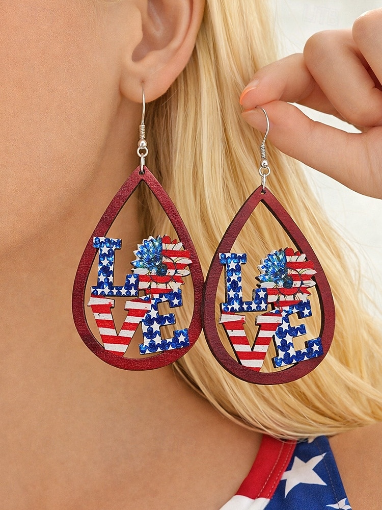 Amerykański 250. Jubileusz Kwiatowe Drewniane Kolczyki w Kształcie Łzy z Flagą USA lekkie Patriotyczne Biżuteria z Długimi Kolczykami dostępne w wielu stylach Casual Boho Styl na co dzień 2026 - $7.99 –P4