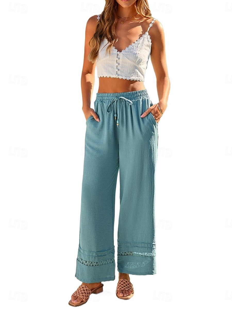 Women's Wide Leg Trousers Casual Pants Vacation Fashion Streetwear Full Length High Waist Plain Lace Elastic Waist Comfortable Breathable Inelastic Daily Vacation Street Black Almond Military Green 2026 - $29.99 –P15