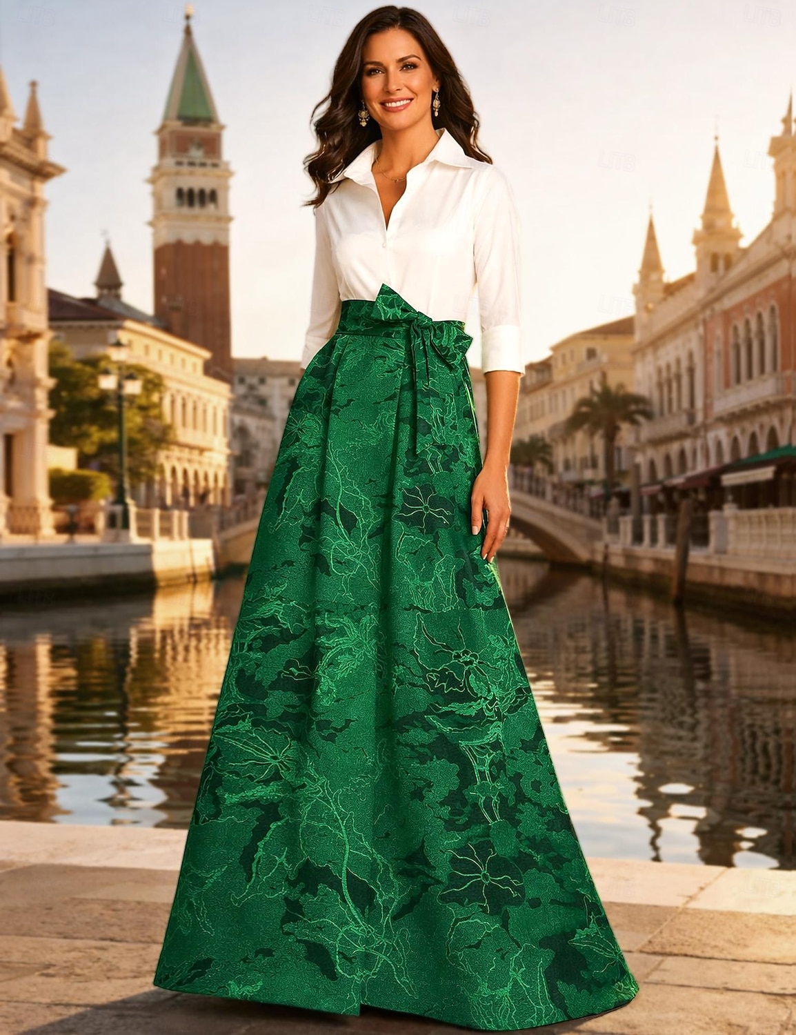 A-Linie Na zem Košilové šaty Šaty pro svatební hosty Formální šaty Šaty pro matku nevěsty Dlouhý rukáv Košilový límec Elegantní Vinobraní Formální Strečová látka s Šerpa / Stuha Barevné bloky 2026 - $186.99 –P1