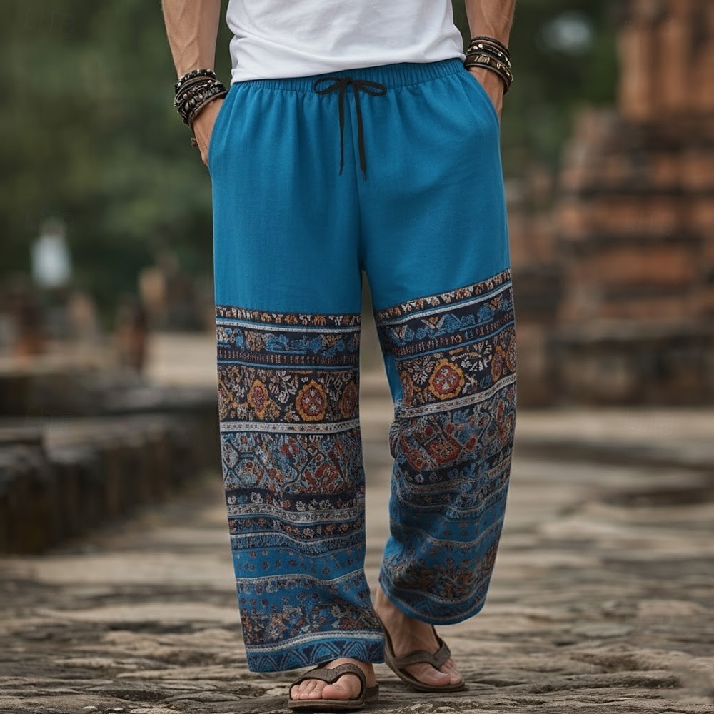 Men's Floral Print Ethnic Trousers Baggy Pants Casual Pants Mid Waist Boho Vintage Retro Home Outdoor Vacation Elastic Drawstring Waist Linen-Like Pants with Pockets Summer Spring 3D Print Blue Wine 2026 - $27.99 –P2